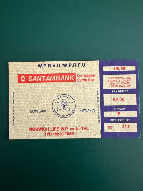 Rugby Ticket - Western Province vs Northern Transvaal 01/09/1990