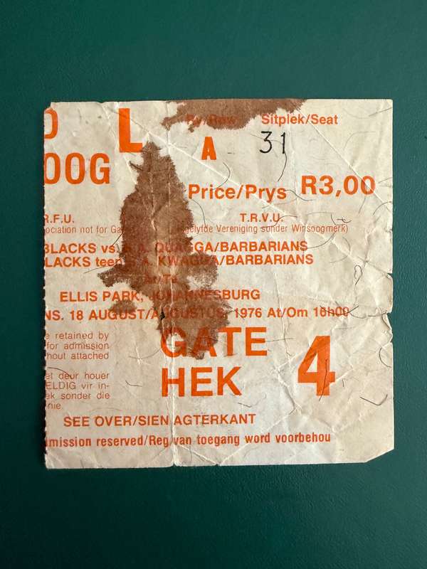 Rugby Ticket - Quagga Barbarians vs New Zealand All Blacks 18/08/1976