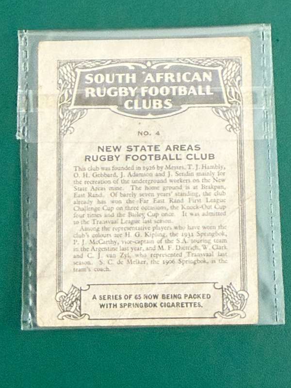 Rugby Card (1933) - New State Areas (Nr4) South-African Rugby Clubs issued by Springbok Cigarettes