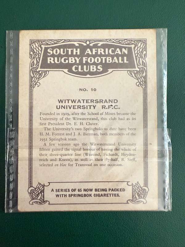 Rugby Card (1933) - WITS University (Nr10) South-African Rugby Clubs issued by Springbok Cigarettes
