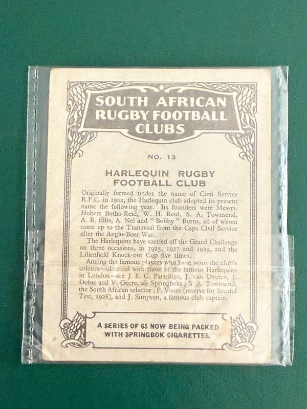 Rugby Card (1933) - Harlequin RFC (Nr13) South-African Rugby Clubs issued by Springbok Cigarettes