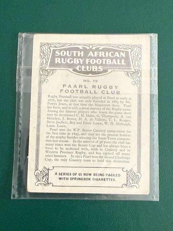 Rugby Card (1933) - Paarl RFC (Nr19) South-African Rugby Clubs issued by Springbok Cigarettes