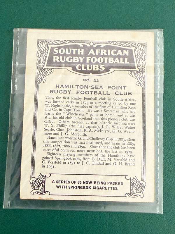 Rugby Card (1933) - Hamilton RFC (Nr22) South-African Rugby Clubs issued by Springbok Cigarettes