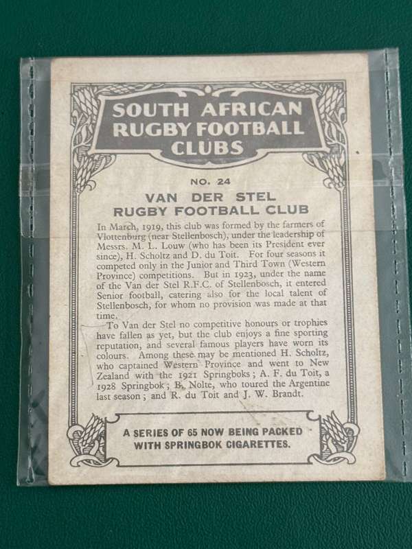 Rugby Card (1933) - Van der Stel RFC (Nr24) South-African Rugby Clubs issued by Springbok Cigarettes