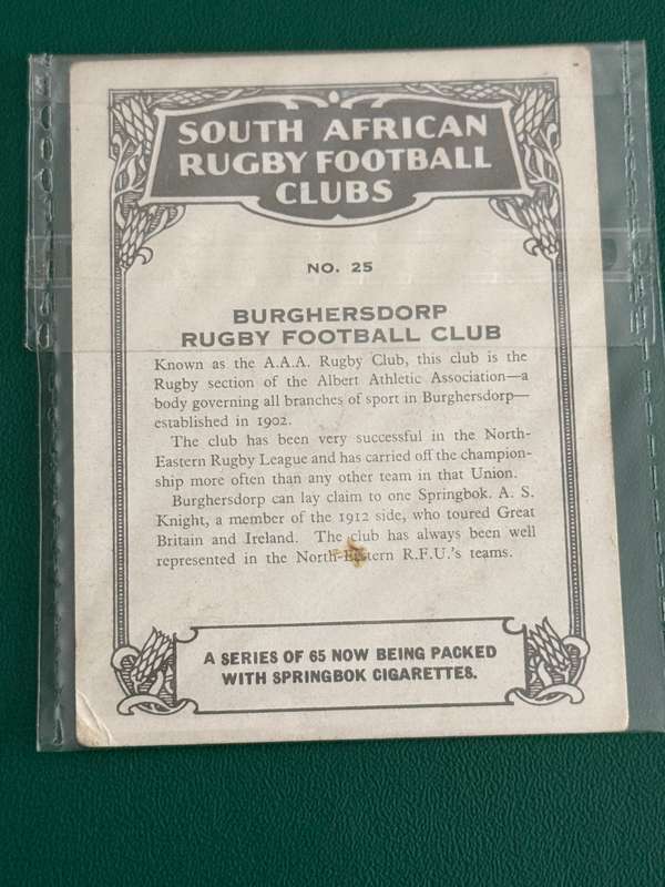 Rugby Card (1933) - Burghersdorp RFC (Nr25) South-African Rugby Clubs issued by Springbok Cigarettes