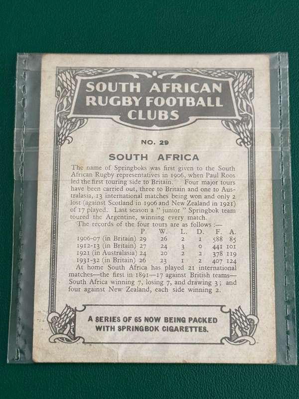 Rugby Card (1933) - South-Africa (Nr29) South-African Rugby Clubs issued by Springbok Cigarettes