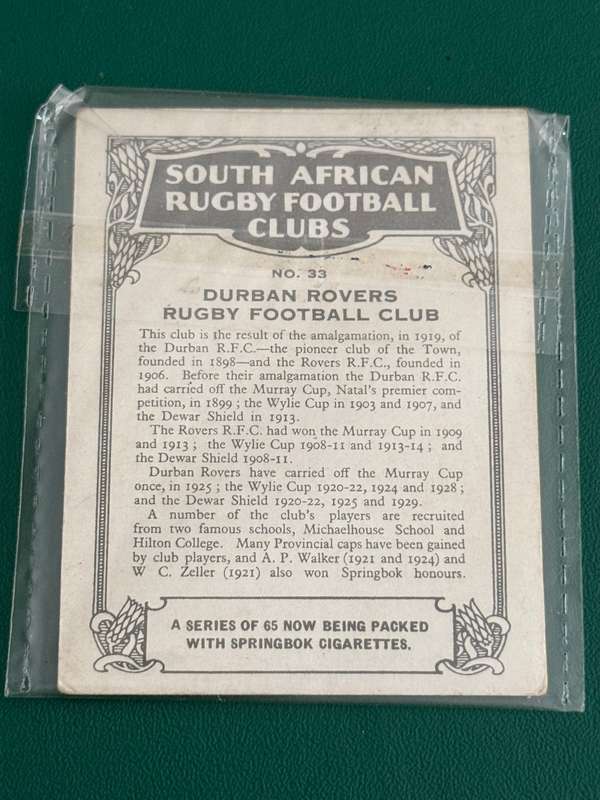 Rugby Card (1933) - Durban Rovers (Nr33) South-African Rugby Clubs issued by Springbok Cigarettes