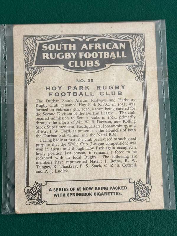 Rugby Card (1933) - Hoy Park RFC (Nr35) South-African Rugby Clubs issued by Springbok Cigarettes