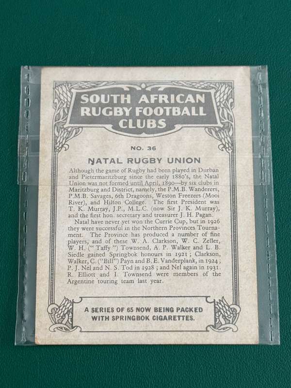 Rugby Card (1933) - Natal R.C (Nr36) South-African Rugby Clubs issued by Springbok Cigarettes