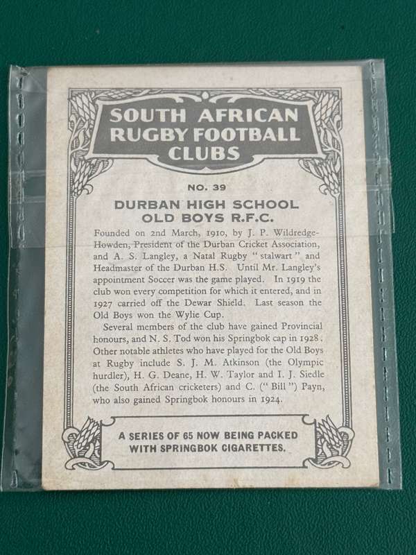 Rugby Card (1933) - DHS Old Boys (Nr39)South-African Rugby Clubs issued by Springbok Cigarettes