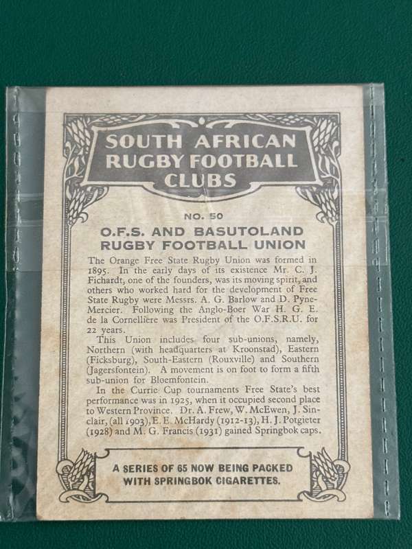 Rugby Card (1933) - Free State (Nr50)South-African Rugby Clubs issued by Springbok Cigarettes