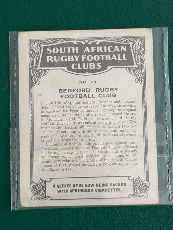 Rugby Card (1933) - Bedford (Nr63) South-African Rugby Football Clubs issued by Springbok Cigarettes