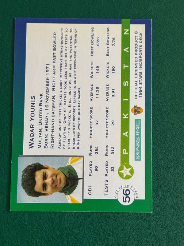 Cricket Card - *SIGNED* Waqar Younis 1994 Sports Deck Cricket Card