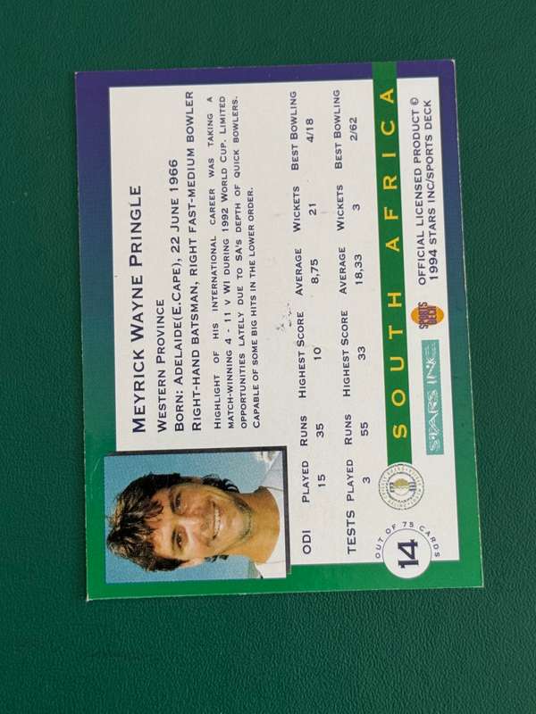 Cricket Card - *SIGNED* Meyrick Pringle 1994 Sports Deck Cricket Card