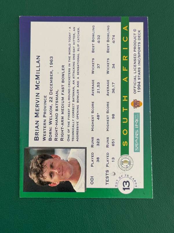 Cricket Card - *SIGNED* Brian McMillan 1994 Sports Deck Cricket Card