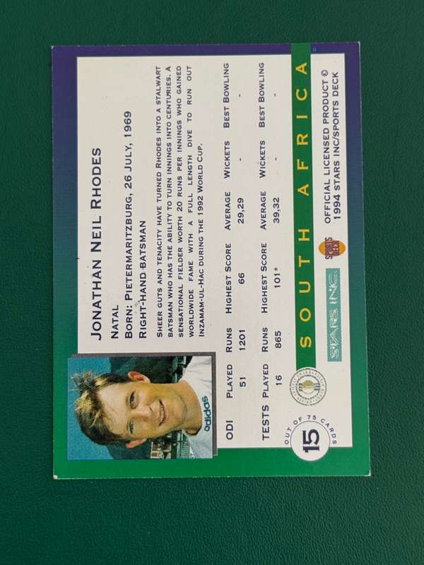Cricket Card - *SIGNED* Jonty Rhodes 1994 Sports Deck Cricket Card
