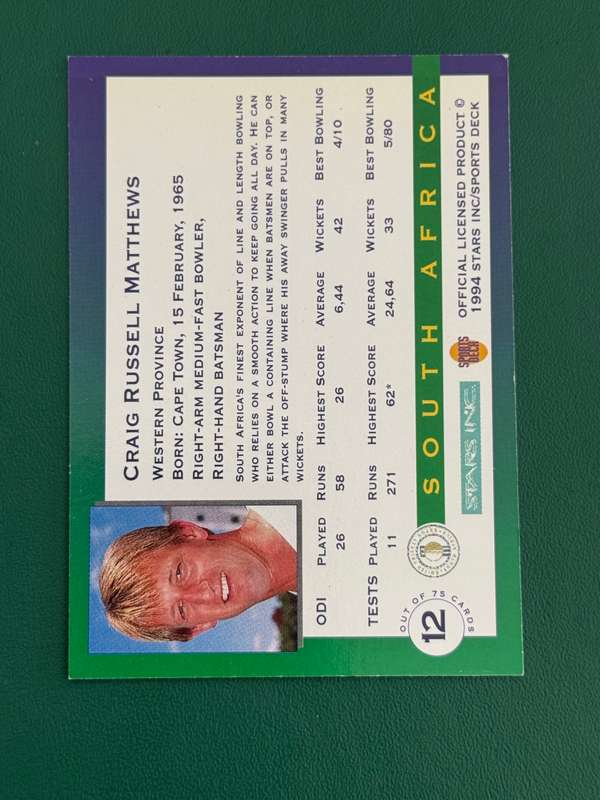 Cricket Card - *SIGNED* Craig Matthews 1994 Sports Deck Cricket Card