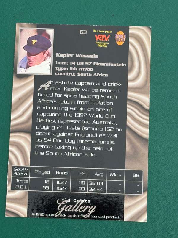 Cricket Card - Kepler Wessels 1996 Sports Deck Old Great Gallery Cricket Card