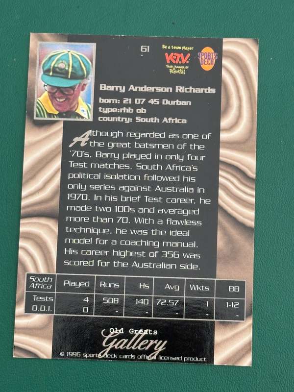Cricket Card - Barry Richards 1996 Sports Deck Old Great Gallery Cricket Card