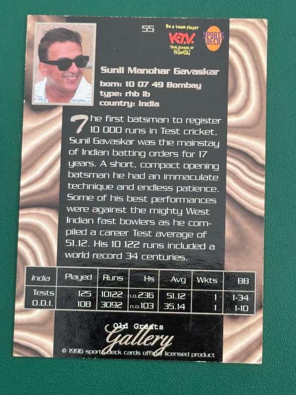 Cricket Card - Sunil Gavaskar 1996 Sports Deck Old Great Gallery Cricket Card