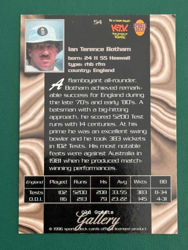 Cricket Card - Ian Botham 1996 Sports Deck Old Great Gallery Cricket Card