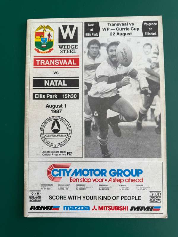 Rugby Programme - Transvaal vs Natal 01/08/1987