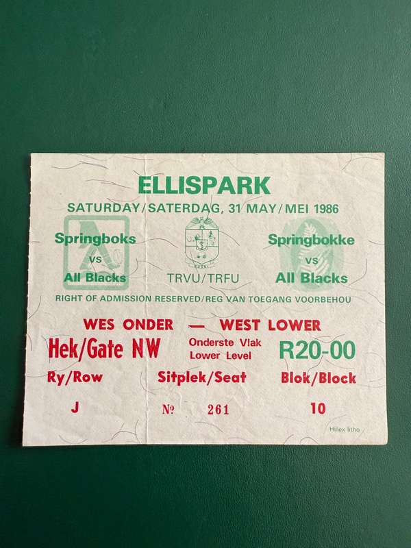 Rugby Ticket - South-Africa vs New Zealand Cavaliers (All Blacks) 31/05/1986
