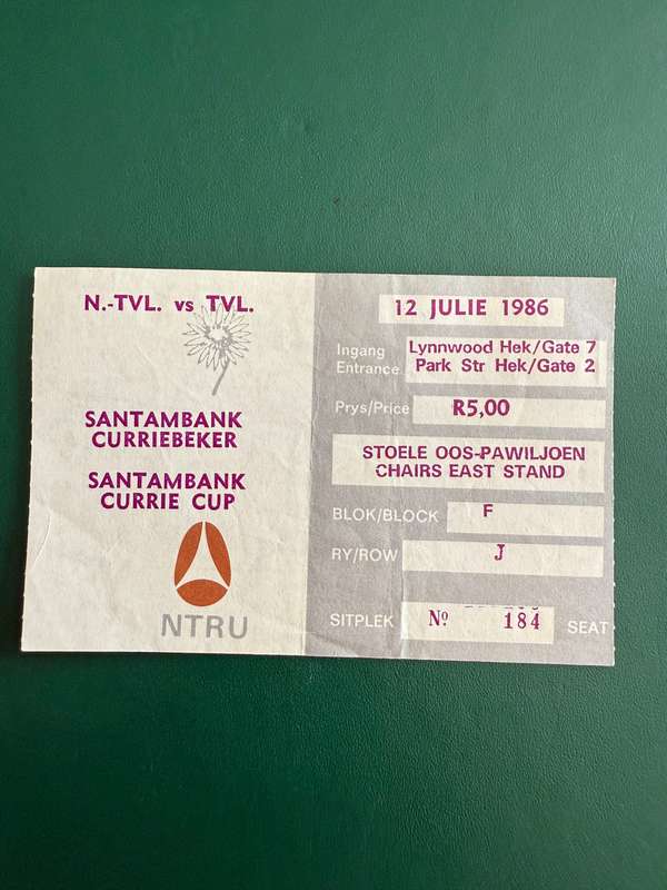 Rugby Ticket - Northern-Transvaal vs Transvaal 12/07/1986
