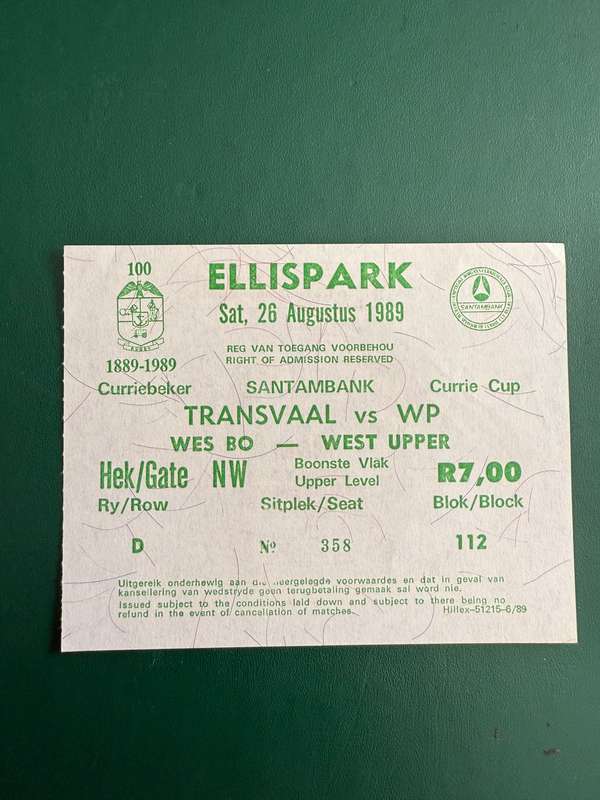Rugby Ticket - Transvaal vs Western-Province 26/08/1989
