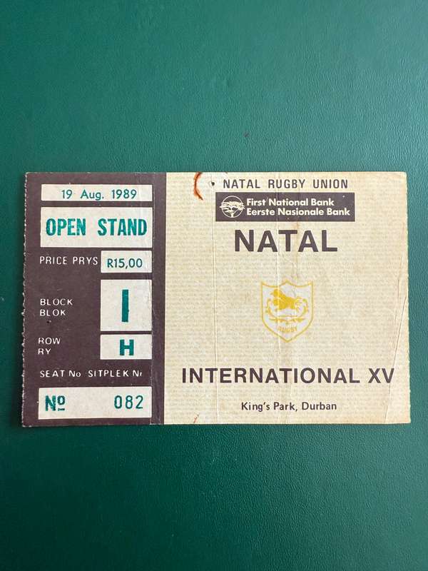 Rugby Ticket - *TOUR* Natal vs International XV 19/08/1989