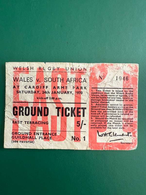 Rugby Ticket - Wales vs South-Africa 24/01/1970