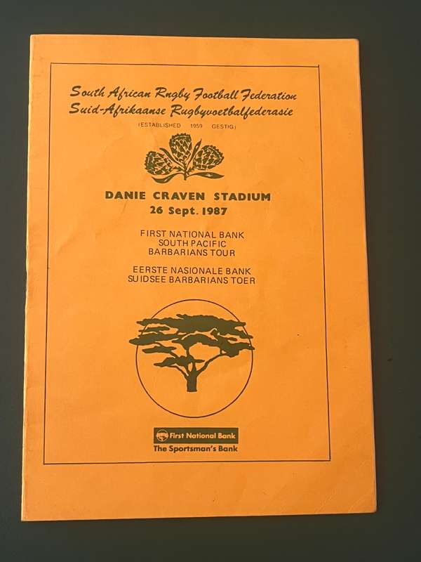 Rugby Programme - Proteas vs South-Pacific Barbarians 26/09/1987