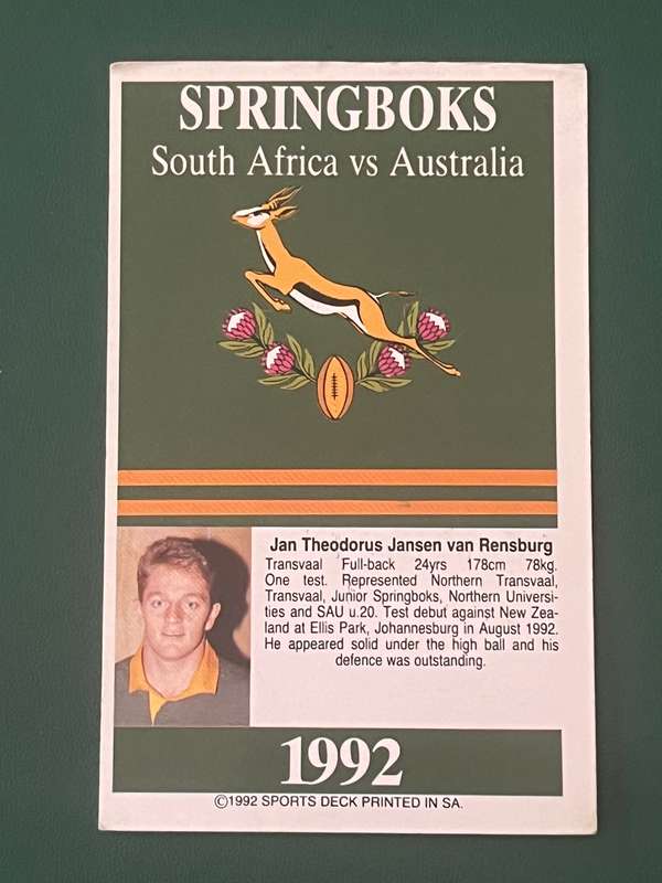 Rugby Card - Theo van Rensburg 1992 Sports Deck Rugby Card (vs Aus)