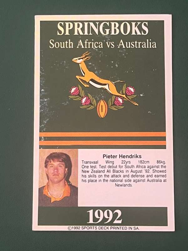 Rugby Card - Pieter Hendriks 1992 Sports Deck Rugby Card
