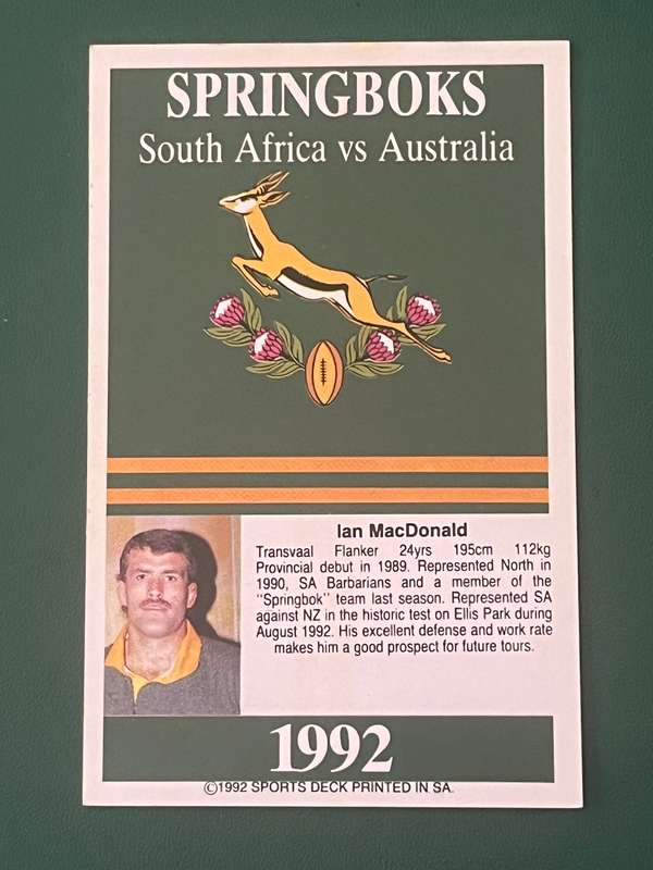 Rugby Card - Ian MacDonald 1992 Sports Deck Rugby Card