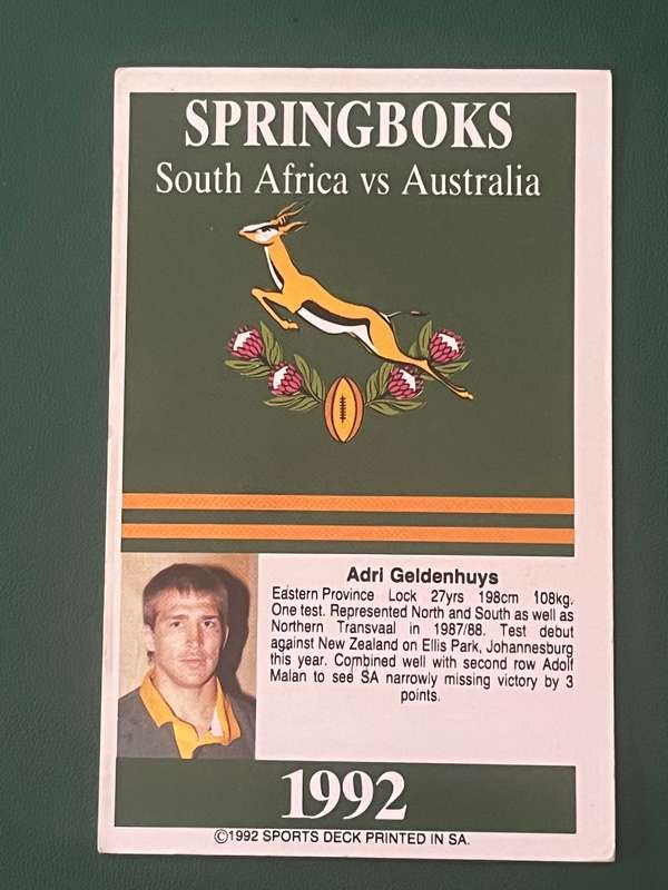 Rugby Card - Adri Geldenhuys 1992 Sports Deck Rugby Card (vs Aus)