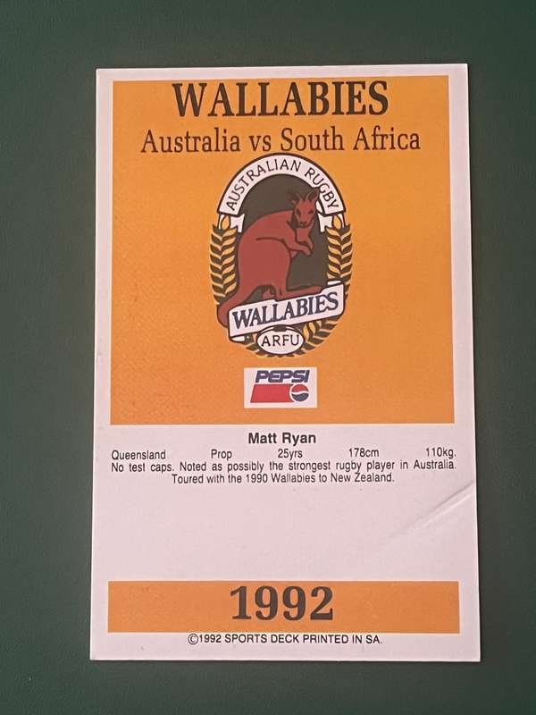 Rugby Card - Matt Ryan 1992 Sports Deck Rugby Card