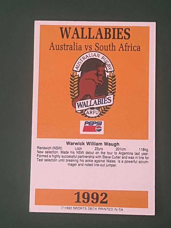 Rugby Card - Warwick Waugh 1992 Sports Deck Rugby Card