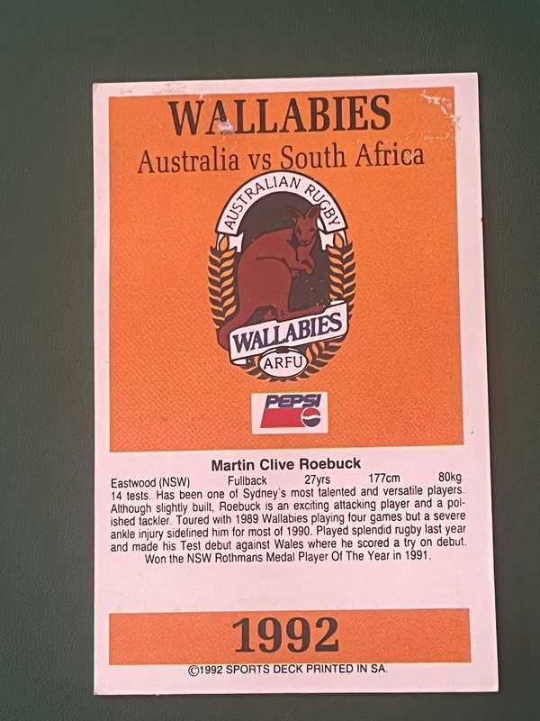 Rugby Card - Marty Roebuck 1992 Sports Deck Rugby Card