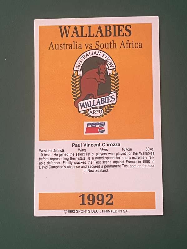 Rugby Card - Paul Carozza 1992 Sports Deck Rugby Card