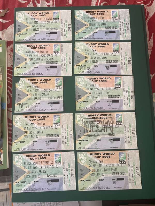 Rugby Tickets - Set of 10 Rugby World Cup 1995 Tickets