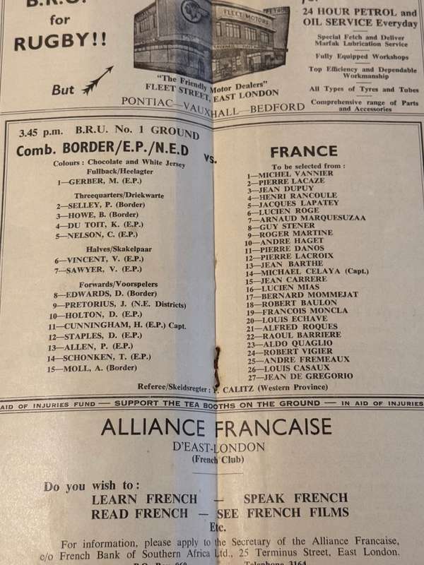 Rugby Programme - *TOUR* Combined Border/Eastern-Provinve/NED vs France 6/08/1958