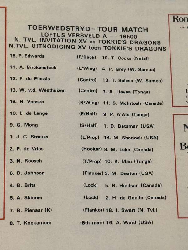 Rugby Programme - Northern-Transvaal XV vs Tokkies Dragons 11/08/1982