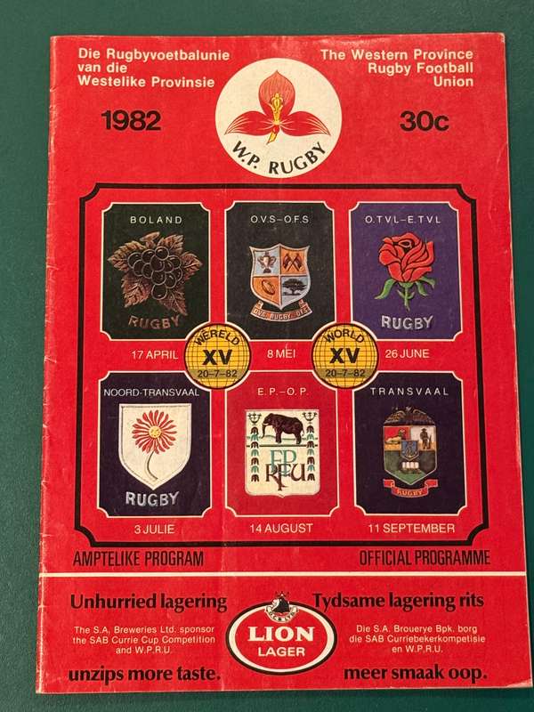 Rugby Programme - Western-Province vs Natal 25/09/1982