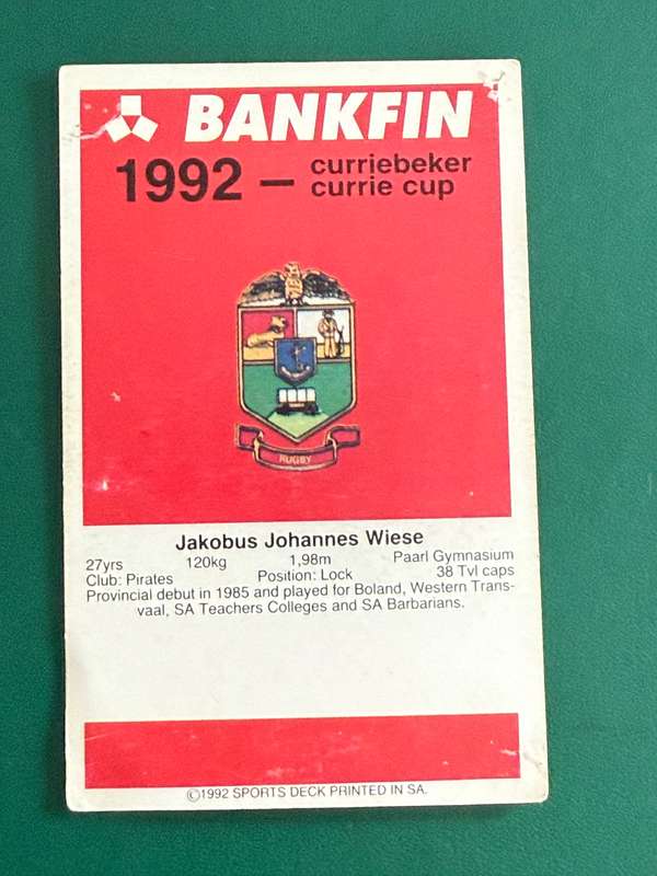 Rugby Card - Kobus Wiese 1992 Sports Deck Rugby Card