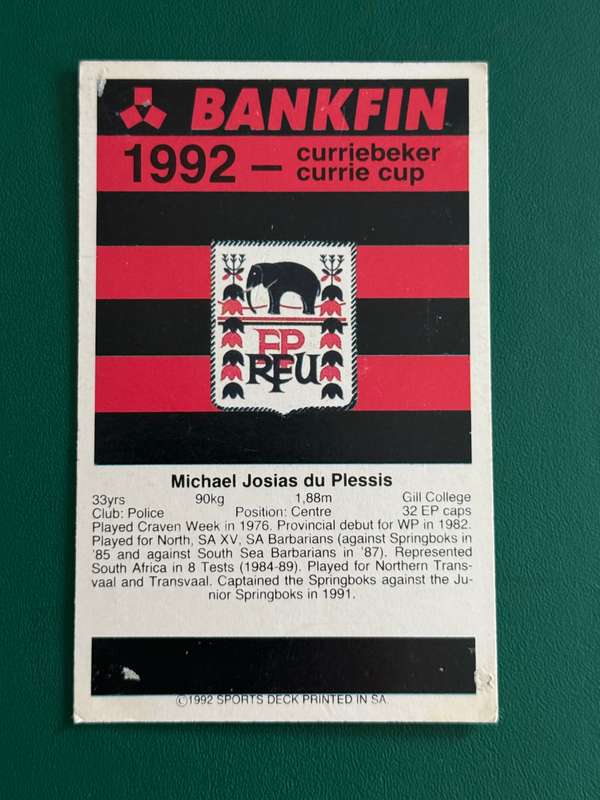 Rugby Card - Michael du Plessis 1992 Sports Deck Rugby Card