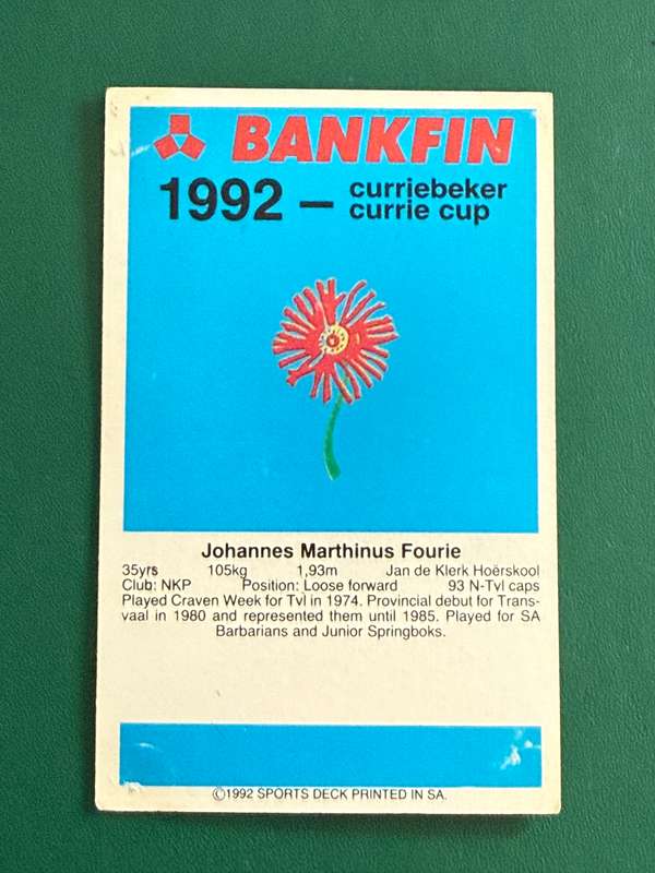 Rugby Card - Pote Fourie 1992 Sports Deck Rugby Card
