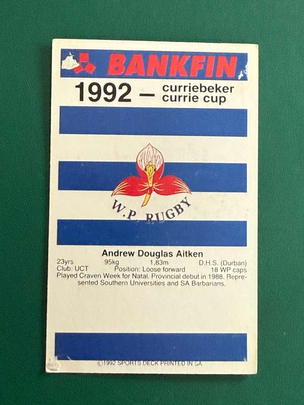 Rugby Card - Andrew Aitken 1992 Sports Deck Rugby Card
