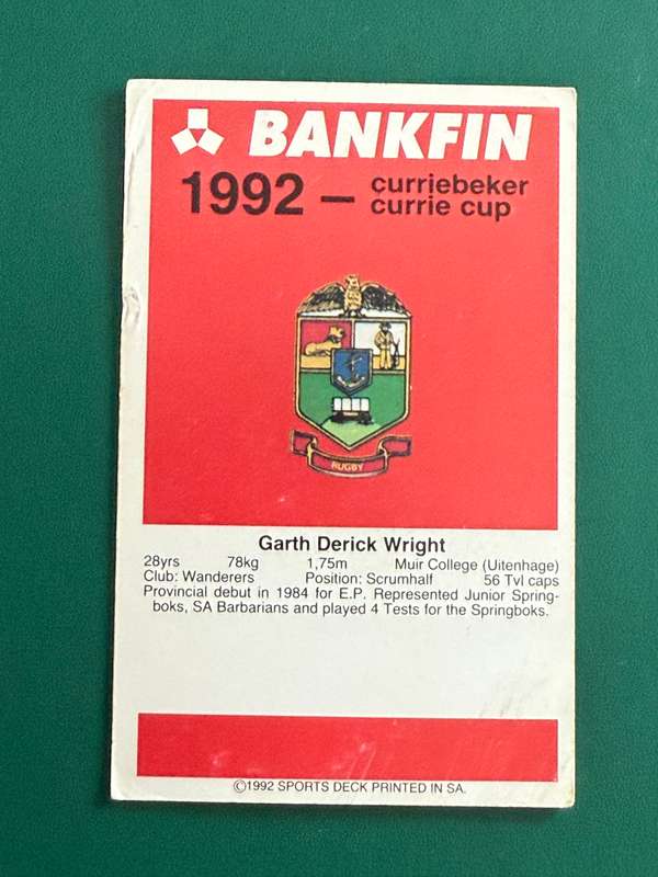 Rugby Card - Garth Wright 1992 Sports Deck Rugby Card