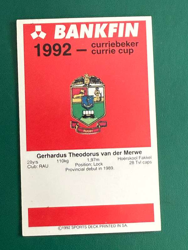 Rugby Card - Kuifie van der Merwe 1992 Sports Deck Rugby Card